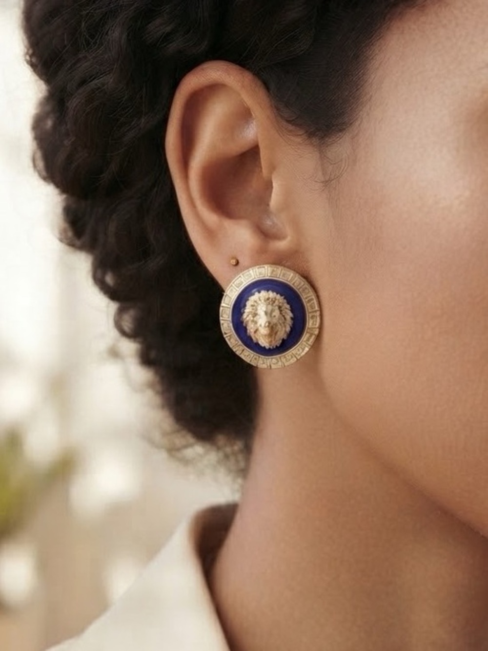 CLASSY Designer Inspired Lions Head Upscale Earrings Navy